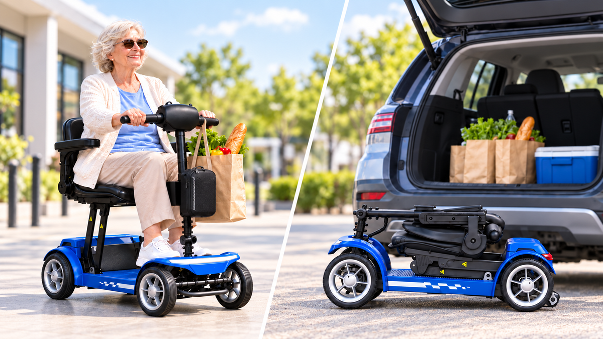 Older woman shopping comfortably with a Cyseekin M10 folding mobility scooter