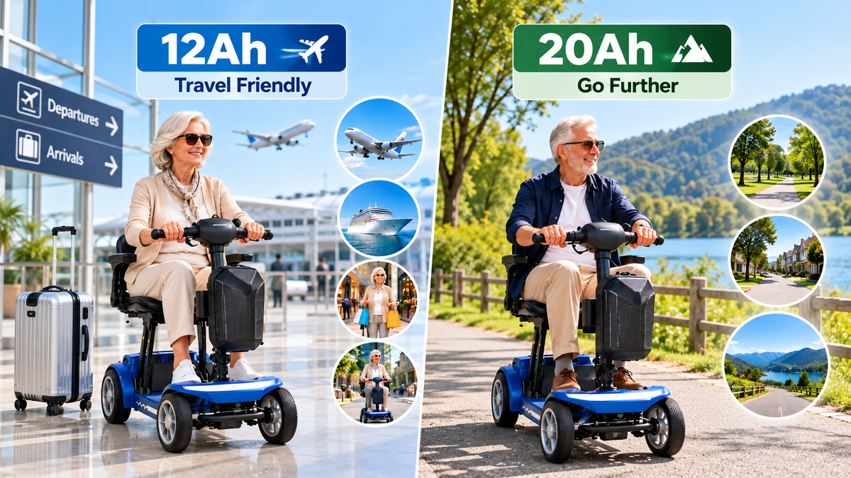 Cyseekin M10 mobility scooter 12Ah vs 20Ah battery comparison for travel, shopping, parks and longer outings