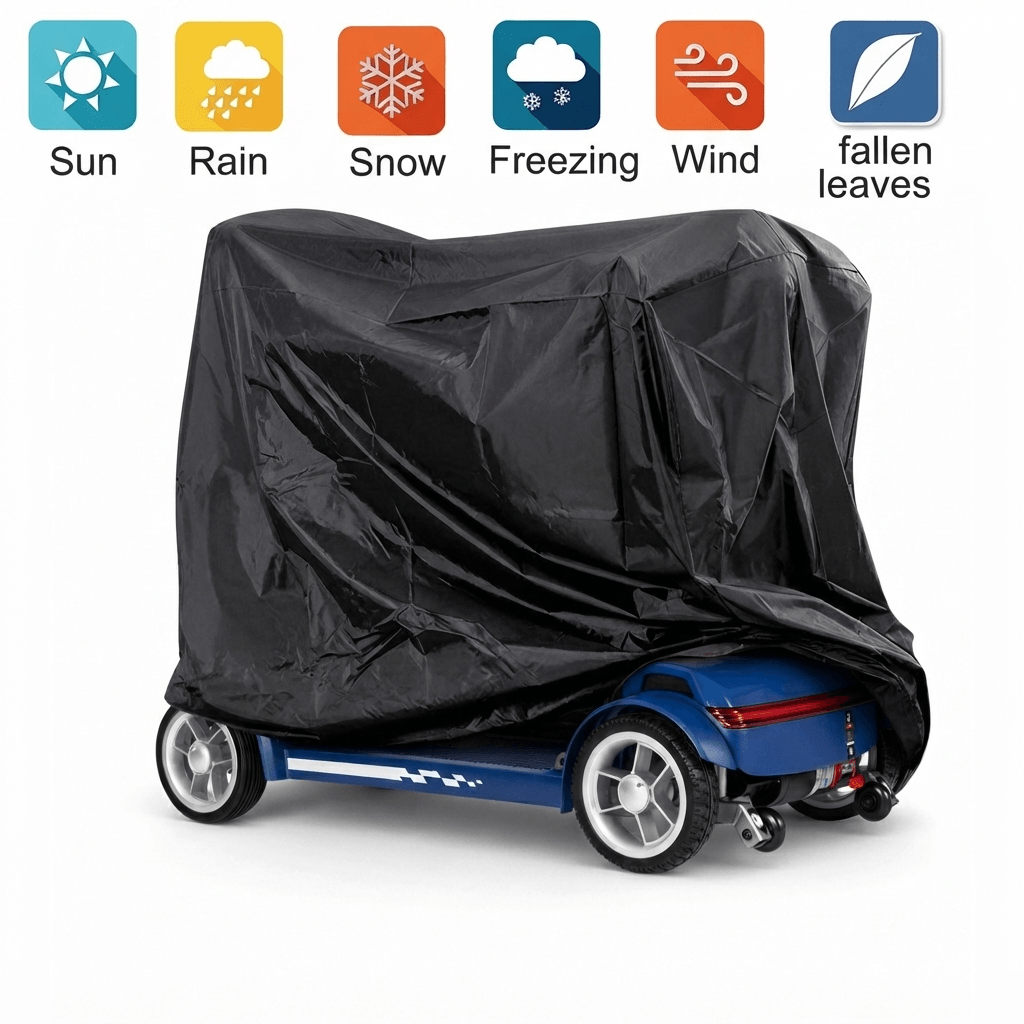 Cyseekin M10 4-wheel mobility scooter covered with a waterproof and dustproof cover, designed for all-seasons protection against sun, rain, snow, and wind