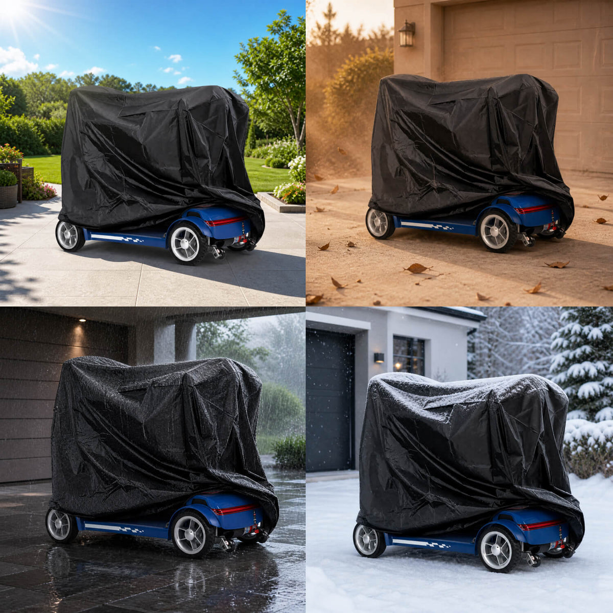 Cyseekin M10 4-wheel mobility scooter covered with a waterproof and dustproof cover, designed for all-seasons protection against sun, rain, snow, and wind