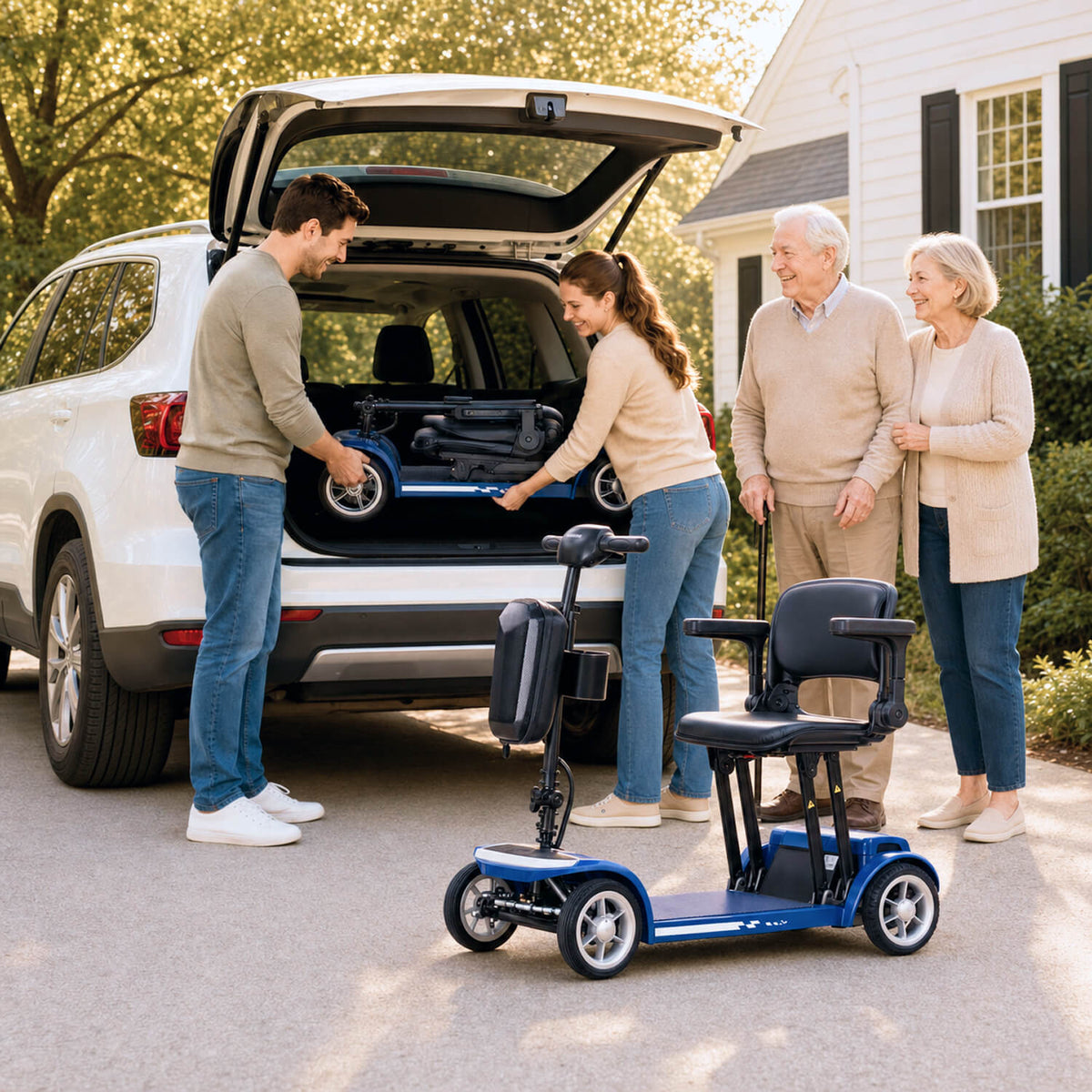 Adult children loading a Cyseekin M10 foldable mobility scooter into a car trunk as a thoughtful gift for their parents, sharing family travel joy