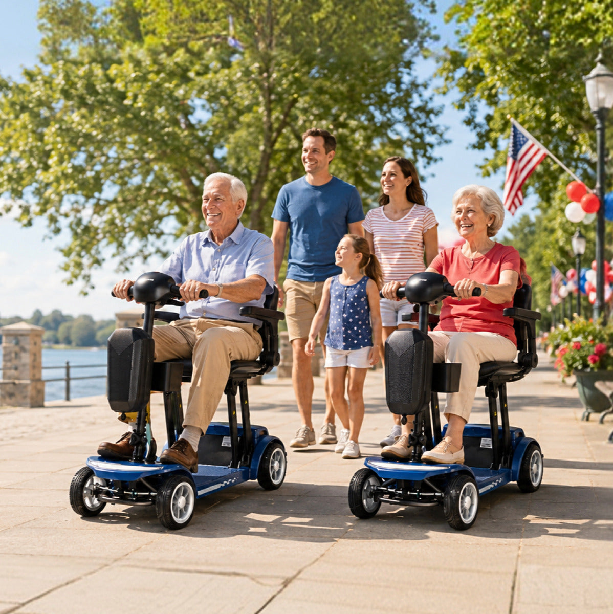 Multi-generation family enjoying an outdoor trip together with seniors riding Cyseekin M10 4-wheel mobility scooters, sharing joy and saving energy