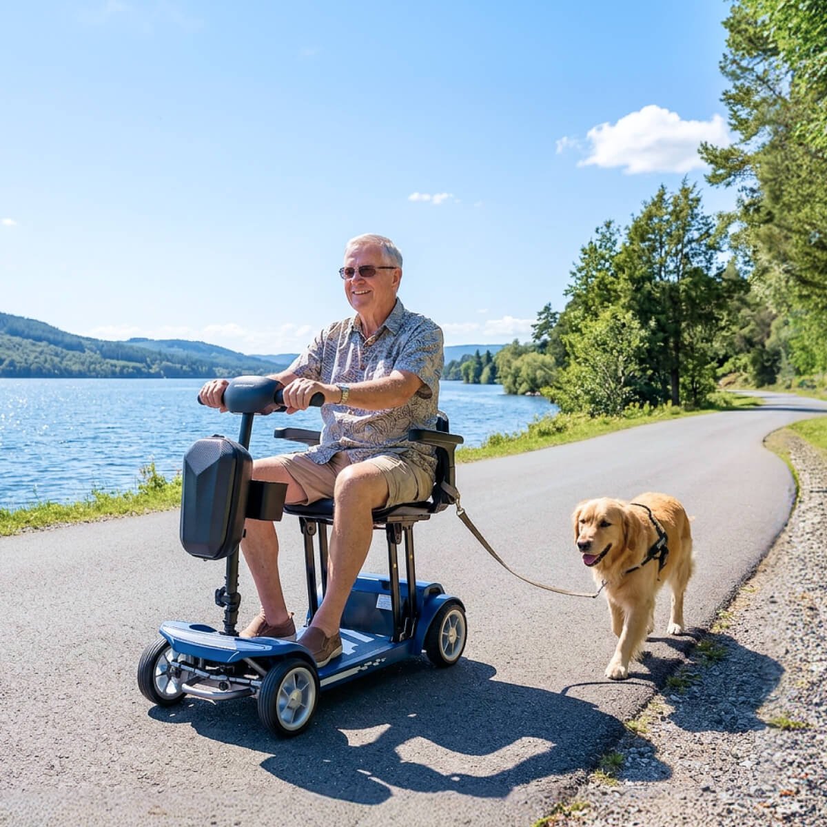 Senior man happily riding the Cyseekin M10 4-wheel mobility scooter outdoors by a lake while walking his pet golden retriever dog