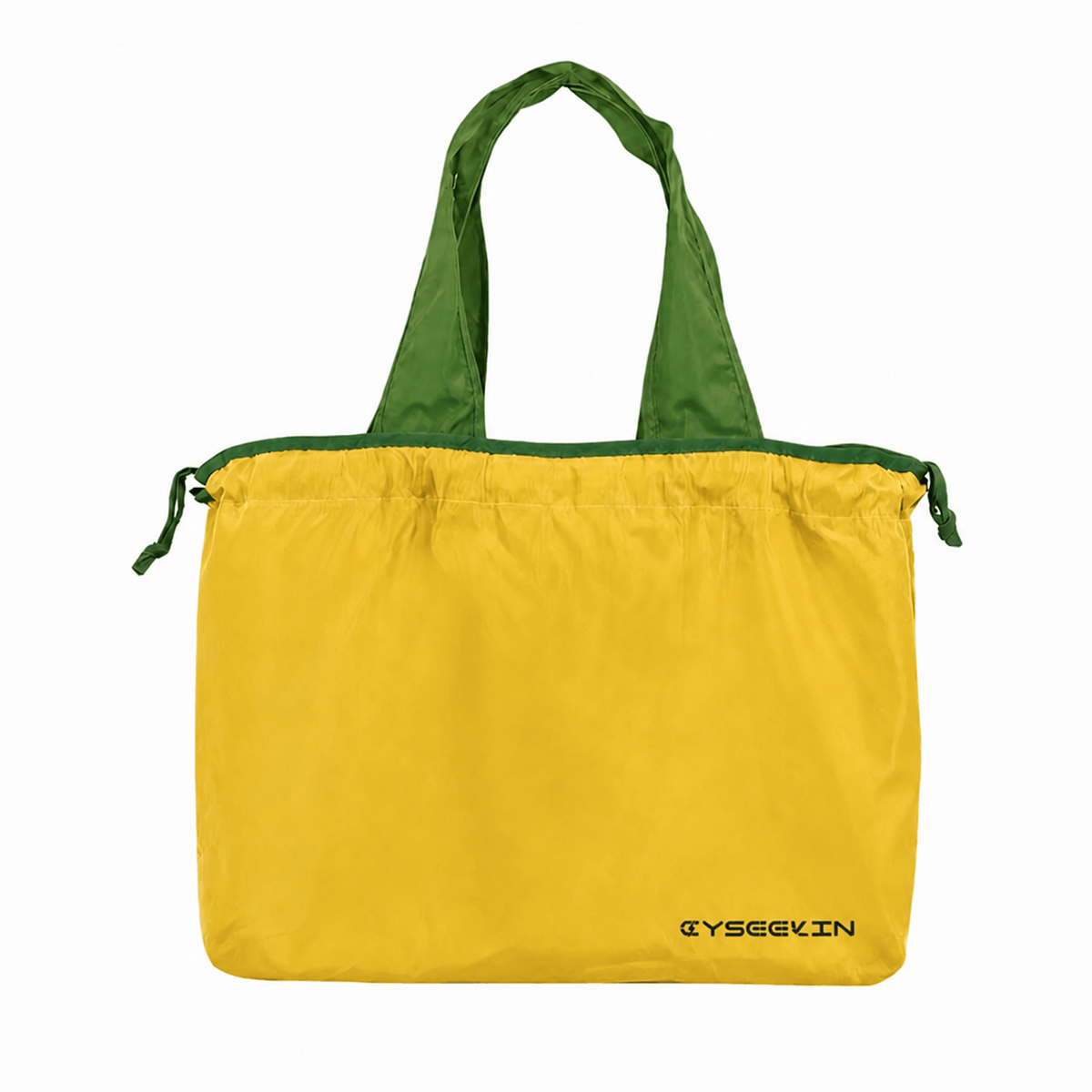 Cyseekin foldable yellow and green shopping tote bag showing both folded compact state and unfolded ready-to-use state for daily grocery shopping and mobility scooter trips