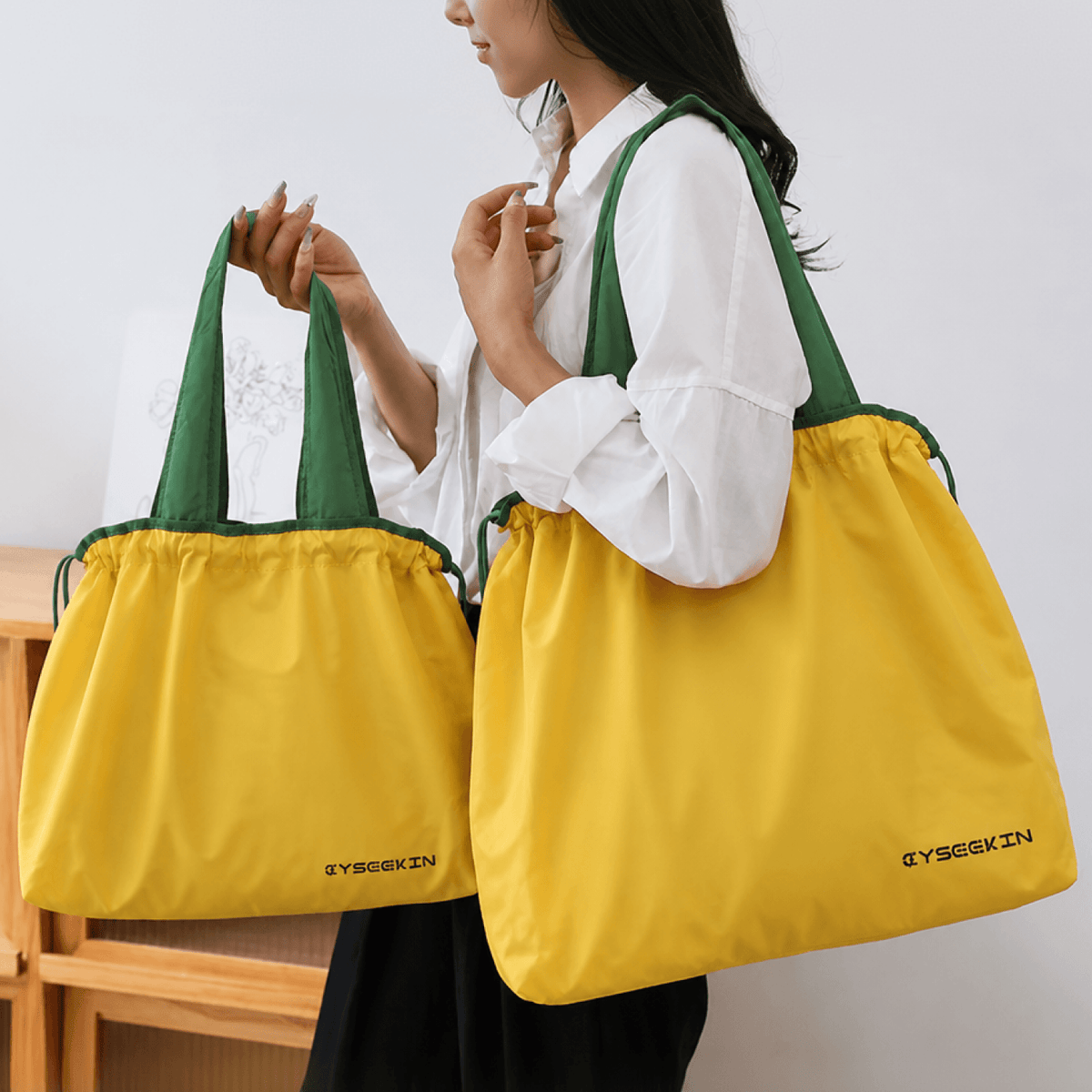 Cyseekin foldable yellow and green shopping tote bag